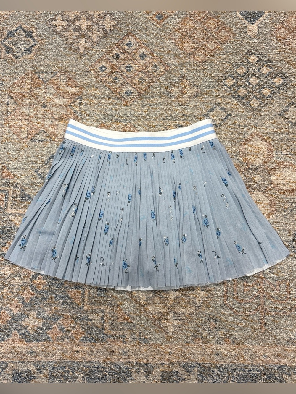 Vanilla Star Light Blue Pleated Mini Skirt with Striped Waistband